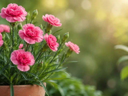 Pink carnation flowers and unopened buds in a terracotta pot