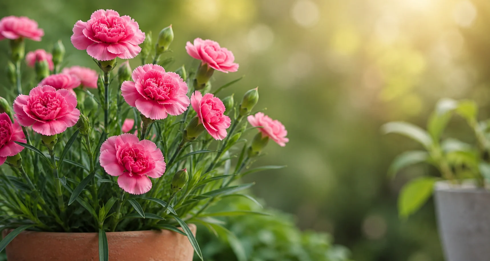 Pink carnation flowers and unopened buds in a terracotta pot