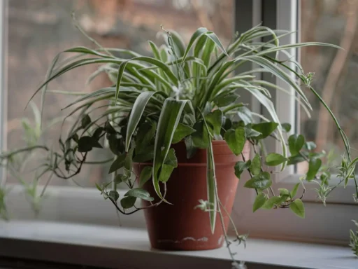 Spider plant in a pot on a bright indoor windowsill