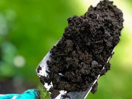 Gloved hand holding a trowel filled with soil