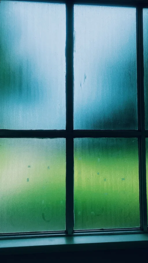 Clouded windowpanes divided by dark frames with a blurred outdoor view