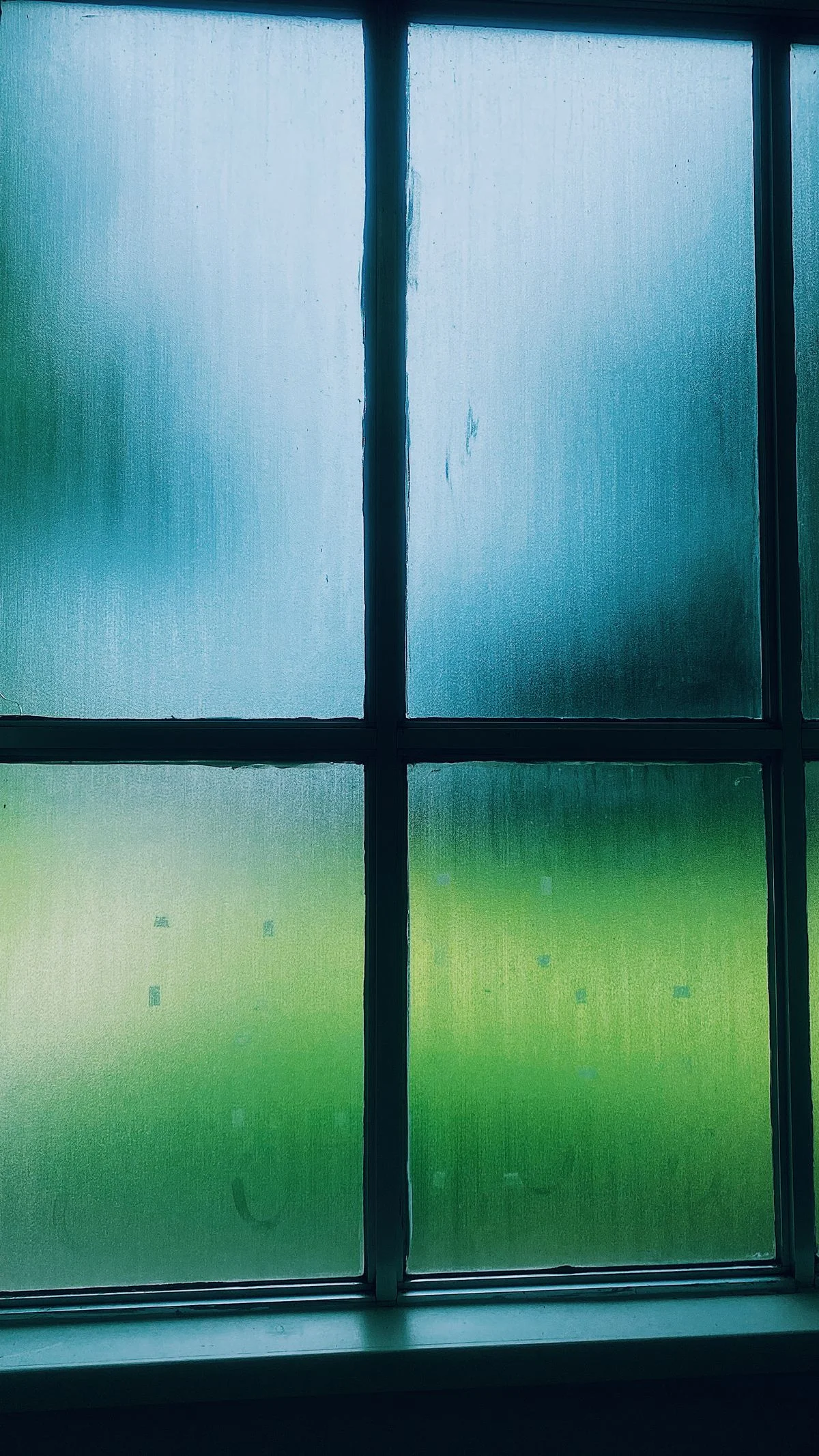 Clouded windowpanes divided by dark frames with a blurred outdoor view